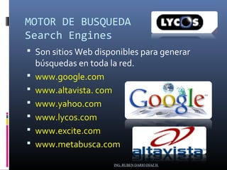 MOTOR DE BUSQUEDA 
Search Engines 
 Son sitios Web disponibles para generar 
búsquedas en toda la red. 
 www.google.com 
 www.altavista. com 
 www.yahoo.com 
 www.lycos.com 
 www.excite.com 
 www.metabusca.com 
ING. RUBEN DARIO DIAZ H. 
 