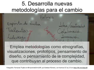 Emplea metodologías como etnografías,
visualizaciones, prototipos, pensamiento de
diseño, o pensamiento de la complejidad,
que contribuyan al proceso de cambio.
5. Desarrolla nuevas
metodologías para el cambio
Fotografía: Fernando Trujillo en #EmprendeGrinUGR, por Esteban Romero, con licencia CC by 2.0 en https://flic.kr/p/qfgusB
 