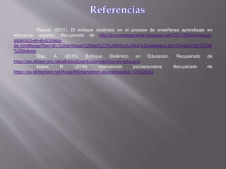 Raquel. (2011). El enfoque sistémico en el proceso de enseñanza aprendizaje en
educación superior. Recuperado de http://innovateyaprende.blogspot.com/2011/09/el-enfoque-
sistemico-en-el-proceso-
de.html#targetText=EL%20enfoque%20sist%C3%A9mico%20se%20establece,la%20vida%20y%20el
%20trabajo
Diaz, A. (2016). Enfoque Sistémico en Educación. Recuperado de
https://es.slideshare.net/alfredojdp/enfoque-sistmico-en-educacin
Matos, R. (2018). Intervención psicoeducativa. Recuperado de
https://es.slideshare.net/RuxierM/intervencin-psicoeducativa-121626002
 