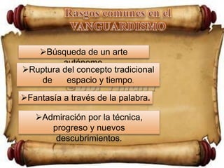 Rasgos comunes en el VANGUARDISMOBúsqueda de un arte autónomo.