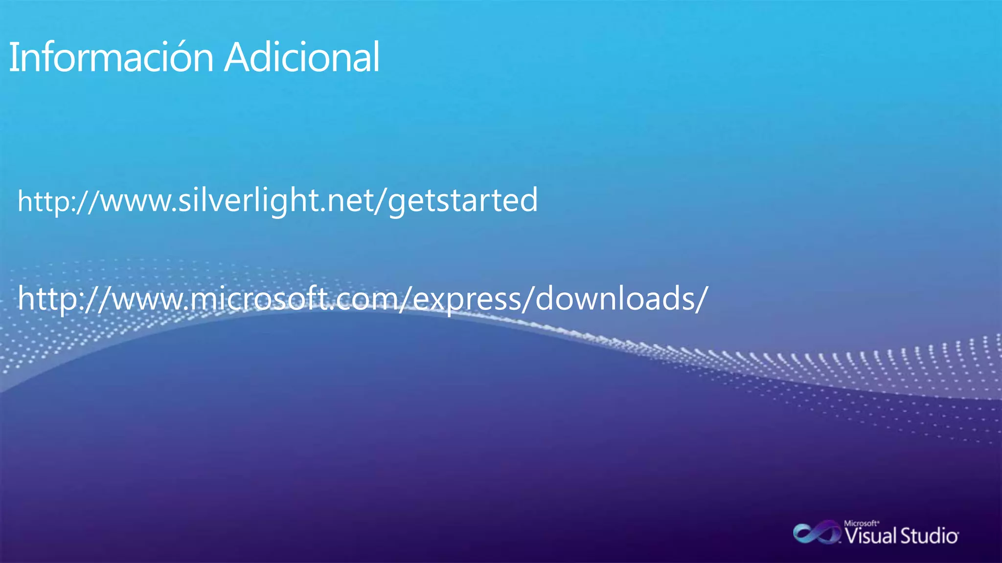 Breve Historia de SilverlightFortalece  a RIA, incluyendo la posibilidad de Imprimir,implementando estilos,confianza elevada, acceso a WebCam y microfonosSe centra en aplicaciones de negocio, incluye soporte a DataForm,Controles de validación, OOB e incluye el beta de framework RIA ServicesComienza con el proyecto llamado WPF EveryWhere (WPF/E) diseñado para Web, requeriría JavaScriptSe incluye el CLR y el sub conjunto de .NET Silverlight 3 Julio 2009Silverlight 1: Septiembre 2007Silverlight  4 Abril 2010Silverlight 2: Octubre 2008