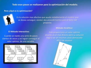  El Adiestramiento: poder medir consecuencias o/y equivocaciones del modelo.Todo esos pasos se realizaron para la optimización del modelo.Pero ¿Qué es la optimización?Es la solución mas efectiva que ayuda notablemente el modelo que se desea conseguir, existen dos procedimientos para el éxito del proyecto.Método Analítico:El Método Interactivo:Este proporciona un valor optimo directo, es el mas directo pero su solución llega a ser en muchos casos demasiado difícil de resolverCuando se repite una serie de pasos cientos de veces y así lograr conseguir el valor optimo  de una variable.