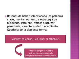  Después de haber seleccionado las palabras
clave, montamos nuestra estrategia de
búsqueda. Para ello, vamos a utilizar
paréntesis, caracteres de truncamiento.
Quedaría de la siguiente forma:
(ANTIBIOT* OR ANTIINFL*) AND (GINGI* OR PERIODON*)
Una vez tengamos nuestra
estrategia, comenzamos la
búsqueda de nuestros documentos.
 