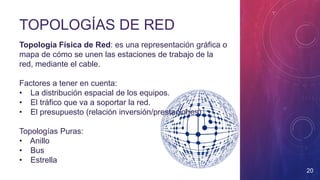 TOPOLOGÍAS DE RED
Topología Física de Red: es una representación gráfica o
mapa de cómo se unen las estaciones de trabajo de la
red, mediante el cable.
Factores a tener en cuenta:
• La distribución espacial de los equipos.
• El tráfico que va a soportar la red.
• El presupuesto (relación inversión/prestaciones)
Topologías Puras:
• Anillo
• Bus
• Estrella
20
 