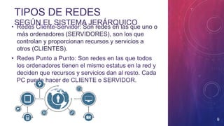 TIPOS DE REDES
SEGÚN EL SISTEMA JERÁRQUICO
• Redes Cliente-Servidor: Son redes en las que uno o
más ordenadores (SERVIDORES), son los que
controlan y proporcionan recursos y servicios a
otros (CLIENTES).
• Redes Punto a Punto: Son redes en las que todos
los ordenadores tienen el mismo estatus en la red y
deciden que recursos y servicios dan al resto. Cada
PC puede hacer de CLIENTE o SERVIDOR.
9
 