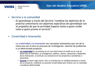 Modelo Educativo
UNIBE
Ejes del Modelo Educativo UNIBE
• Servicio a la comunidad
– El aprendizaje a través del Servicio “combina los objetivos de la
práctica comunitaria con objetivos específicos de aprendizaje con
el propósito de que la actividad impacte tanto a quien recibe
como a quien provee el servicio”.
• Creatividad e Innovación
– La creatividad y la innovación son conceptos semejantes que van de la
mano uno con el otro en procesos de investigación, solución de problemas
o un determinado proyecto.
• La creatividadLa creatividad es un proceso en el cual intervienen el medio en el cual se
desarrolla el individuo, su inteligencia, hábitos, valores, educación y dependen
de la motivación, la actitud y la constancia en los proyectos o problemas a
solucionar.
• InnovarInnovar es hacer algo nuevo, útil; es transformar la realidad existente a través
de un proyecto, mediante un proceso (creatividad) que finaliza con un resultado
o producto determinado
 