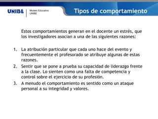 Modelo Educativo
UNIBE
Tipos de comportamiento
Estos comportamientos generan en el docente un estrés, que
los investigadores asocian a una de las siguientes razones:
1. La atribución particular que cada uno hace del evento y
frecuentemente el profesorado se atribuye algunas de estas
razones.
2. Sentir que se pone a prueba su capacidad de liderazgo frente
a la clase. Lo sienten como una falta de competencia y
control sobre el ejercicio de su profesión.
3. A menudo el comportamiento es sentido como un ataque
personal a su integridad y valores.
 