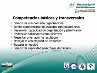 Competencias básicas y transversales
   Demostrar comprensión organizacional
   Exhibir conocimiento de aspectos contemporáneos
   Desarrollar capacidad de organización y planificación
   Evidenciar habilidades comunicativas
   Presentar orientación a resultados
   Manejar la complejidad de las tareas
   Trabajar en equipo
   Demostrar capacidad para tomar decisiones




                                                            6
 
