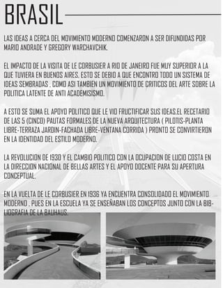 BRASIL
LAS IDEAS A CERCA DEL MOVIMIENTO MODERNO COMENZARON A SER DIFUNDIDAS POR
MARIO ANDRADE Y GREGORY WARCHAVCHIK.

EL IMPACTO DE LA VISITA DE LE CORBUSIER A RIO DE JANEIRO FUE MUY SUPERIOR A LA
QUE TUVIERA EN BUENOS AIRES, ESTO SE DEBIO A QUE ENCONTRO TODO UN SISTEMA DE
IDEAS SEMBRADAS , COMO ASI TAMBIEN UN MOVIMIENTO DE CRITICOS DEL ARTE SOBRE LA
POLITICA LATENTE DE ANTI ACADEMISISMO.

A ESTO SE SUMA EL APOYO POLITICO QUE LE VIO FRUCTIFICAR SUS IDEAS.EL RECETARIO
DE LAS 5 (CINCO) PAUTAS FORMALES DE LA NUEVA ARQUITECTURA ( PILOTIS-PLANTA
LIBRE-TERRAZA JARDIN-FACHADA LIBRE-VENTANA CORRIDA ) PRONTO SE CONVIRTIERON
EN LA IDENTIDAD DEL ESTILO MODERNO.

LA REVOLUCION DE 1930 Y EL CAMBIO POLITICO CON LA OCUPACION DE LUCIO COSTA EN
LA DIRECCION NACIONAL DE BELLAS ARTES Y EL APOYO DOCENTE PARA SU APERTURA
CONCEPTUAL.

EN LA VUELTA DE LE CORBUSIER EN 1936 YA ENCUENTRA CONSOLIDADO EL MOVIMIENTO
MODERNO , PUES EN LA ESCUELA YA SE ENSEÑABAN LOS CONCEPTOS JUNTO CON LA BIB-
LIOGRAFIA DE LA BAUHAUS.
 