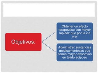 Objetivos:
Obtener un efecto
terapéutico con mayor
rapidez que por la vía
oral
Administrar sustancias
medicamentosas que
tienen mayor absorción
en tejido adiposo
 
