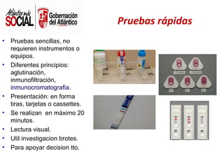 Pruebas rápidas
•

•

•
•
•
•
•

Pruebas sencillas, no
requieren instrumentos o
equipos.
Diferentes principios:
aglutinación,
inmunofiltración,
inmunocromatografia.
Presentación: en forma
tiras, tarjetas o cassettes.
Se realizan en máximo 20
minutos.
Lectura visual.
Util investigacion brotes.
Para apoyar decision tto.

 