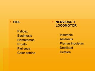 PIEL  Palidez Equimosis Hematomas Prurito Piel seca Color cetrino NERVIOSO Y LOCOMOTOR Insomnio Asterexis Piernas inquietas Debilidad Cefalea 
