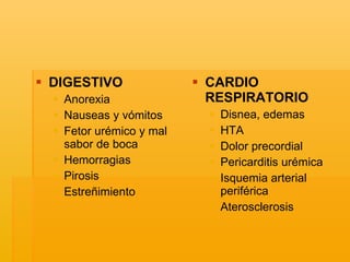 DIGESTIVO  Anorexia Nauseas y vómitos Fetor urémico y mal sabor de boca Hemorragias Pirosis Estreñimiento CARDIO RESPIRATORIO Disnea, edemas HTA Dolor precordial Pericarditis urémica Isquemia arterial periférica Aterosclerosis 