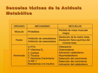 Secuelas tóxicas de la Acidosis Metabólica ORGANO MECANISMO SECUELAS Músculo Proteólisis Pérdida de masa muscular magra Hueso Inhibición de osteoblastos Inhibición de osteoclastos Disolución de la matriz ósea Disolución físico-química del mineral óseo Hormonas    PTH    Vitamina D 3    Cortisol    Tiroxina    Hormona Crecimiento     IGF-1 Resistencia a la insulina Osteopenia Osteomalacia Activación catabolismo Hipometabolismo Detención del crecimiento Detención del crecimiento  Activación del catabolismo  