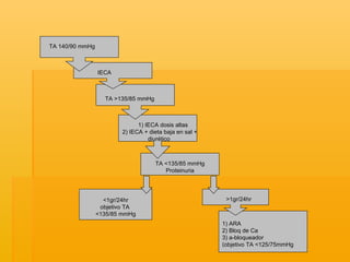 1) ARA 2) Bloq de Ca 3) a-bloqueador  objetivo TA <125/75mmHg <1gr/24hr objetivo TA  <135/85 mmHg TA <135/85 mmHg Proteinuria TA >135/85 mmHg 1) IECA dosis altas 2) IECA + dieta baja en sal + diurético  IECA TA 140/90 mmHg >1gr/24hr 