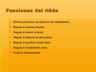 Funciones del riñón Elimina productos de desecho del metabolismo. Regula el volumen líquido. Regula la tensión arterial. Regula el balance de electrolitos. Regula el equilibrio ácido-base. Regula el metabolismo óseo. Produce eritropoyetina. 