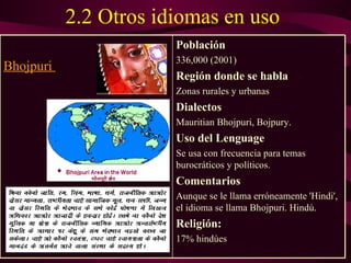 2.2 Otros idiomas en uso Población 336,000 (2001) Región donde se habla Zonas rurales y urbanas Dialectos Mauritian Bhojpuri, Bojpury. Uso del Lenguage Se usa con frecuencia para temas burocráticos y políticos. Comentarios Aunque se le llama erróneamente 'Hindi', el idioma se llama Bhojpuri. Hindú. Religión: 17% hindúes Bhojpuri   