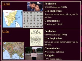 Población 64,000  hablantes  (1993 ) Uso lingüístico  Se usa en temas burocráticos y en la política. Com entarios Proviene de Pakistán. Religión:   17 % musulmanes. Urdu Población 31,000  hablantes  (2001 ) Uso lingüístico. Se usa en temas burocráticos y en la política. Com entarios Proviene del  Hind ú . Tamil 