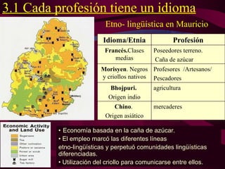 3.1 Cada profesión tiene un idioma Etno- lingüística en Mauricio Economía basada en la caña de azúcar. El empleo marcó las diferentes líneas  etno-lingüísticas y perpetuó comunidades lingüísticas diferenciadas. Utilización del criollo para comunicarse entre ellos. Profesión Idioma/Etnia agricultura Bhojpuri.   Origen indio Poseedores terreno. Caña de azúcar Francés. Clases medias mercaderes Chino .  Origen asiático Profesores  /Artesanos/ Pescadores Morisyen . Negros y criollos nativos 