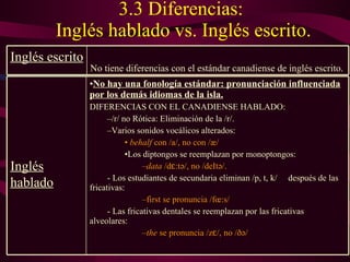 3.3 Diferencias:  Inglés hablado vs. Inglés escrito. No hay una fonología estándar: pronunciación influenciada por los demás idiomas de la isla. DIFERENCIAS CON EL CANADIENSE HABLADO: /r/ no Rótica: Eliminación de la /r/. Varios sonidos vocálicos alterados: behalf  con /a/, no con /æ/ Los diptongos se reemplazan por monoptongos:  data  /d ɛ:t ə/, no / deIt ə /. - Los estudiantes de secundaria eliminan /p, t, k/  después de las fricativas: first se pronuncia /fœ:s/ - Las fricativas dentales se reemplazan por las fricativas  alveolares: the  se pronuncia /z ɛ /, no /ðə/ Inglés hablado No tiene diferencias con el estándar canadiense de inglés escrito. Inglés escrito 