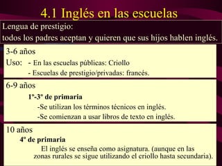 4.1 Inglés en las escuelas 10 años   4º de primaria    E l inglés se enseña como asignatura. (aunque en las    zonas rurales se sigue utilizando el criollo hasta secundaria). 3-6 años Uso: -  En las escuelas públicas: Criollo  - E scuelas de prestigio /privadas:  francés. 6-9 años 1º-3º  de primaria    - Se utilizan los términos técnicos  en inglés.   -Se comienzan a usar libros de texto en inglés. Lengua de prestigio:  t odos los padres aceptan y quieren que sus hijos hablen inglés. 