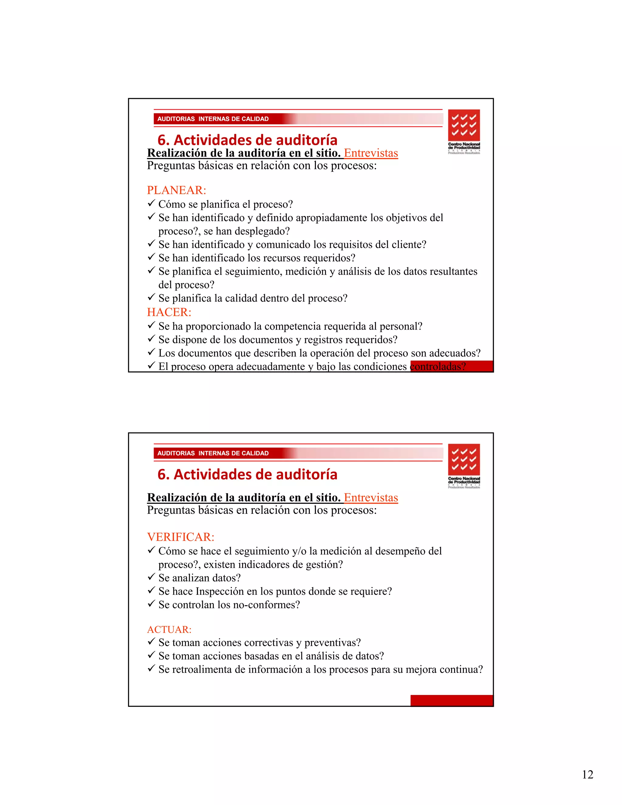 AUDITORIAS INTERNAS DE CALIDAD


  6. Actividades de auditoría
Realización de la auditoría en el sitio. Entrevistas
Preguntas básicas en relación con los procesos:

PLANEAR:
  Cómo se planifica el proceso?
  Se han identificado y definido apropiadamente los objetivos del
  proceso?, se han desplegado?
  Se han identificado y comunicado los requisitos del cliente?
  Se han identificado los recursos requeridos?
  Se planifica el seguimiento, medición y análisis de los datos resultantes
  del
  d l proceso??
  Se planifica la calidad dentro del proceso?
HACER:
  Se ha proporcionado la competencia requerida al personal?
  Se dispone de los documentos y registros requeridos?
  Los documentos que describen la operación del proceso son adecuados?
  El proceso opera adecuadamente y bajo las condiciones controladas?




  AUDITORIAS INTERNAS DE CALIDAD


  6. Actividades de auditoría
Realización de la auditoría en el sitio. Entrevistas
Preguntas básicas en relación con los procesos:

VERIFICAR:
  Cómo se hace el seguimiento y/o la medición al desempeño del
  proceso?, existen indicadores de gestión?
  Se analizan datos?
  Se hace Inspección en los puntos donde se requiere?
  Se controlan los no-conformes?

ACTUAR:
  Se toman acciones correctivas y preventivas?
  Se toman acciones basadas en el análisis de datos?
  Se retroalimenta de información a los procesos para su mejora continua?




                                                                              12
 