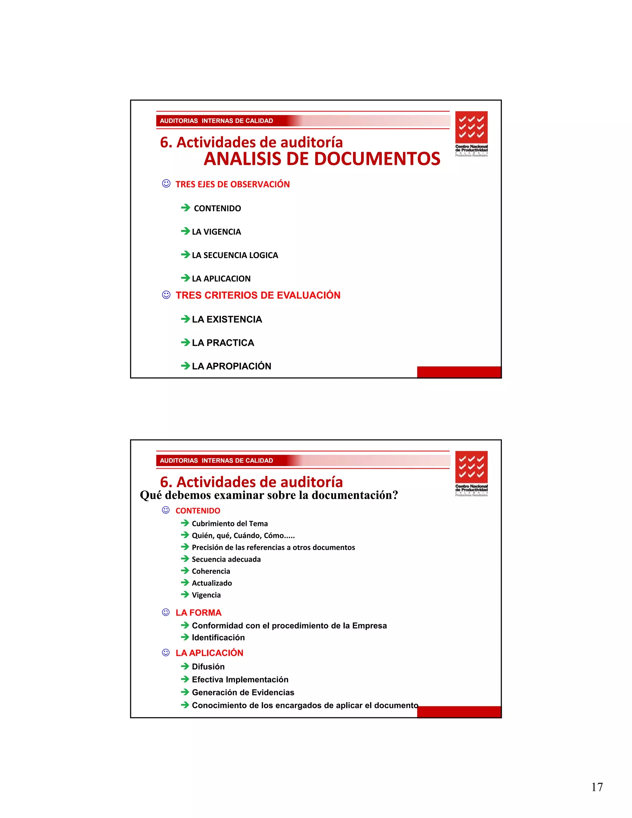 AUDITORIAS INTERNAS DE CALIDAD


   6. Actividades de auditoría
              ANALISIS DE DOCUMENTOS
   ☺ TRES EJES DE OBSERVACIÓN

            CONTENIDO

           LA VIGENCIA

           LA SECUENCIA LOGICA

           LA APLICACION
   ☺ TRES CRITERIOS DE EVALUACIÓN

           LA EXISTENCIA

           LA PRACTICA

           LA APROPIACIÓN




   AUDITORIAS INTERNAS DE CALIDAD


   6. Actividades de auditoría
Qué debemos examinar sobre la documentación?
   ☺ CONTENIDO
           Cubrimiento del Tema
           Quién, qué, Cuándo, Cómo.....
           Precisión de las referencias a otros documentos
           Secuencia adecuada
           Coherencia
           Actualizado
           Vigencia

   ☺ LA FORMA
           Conformidad con el procedimiento de la Empresa
           Identificación
   ☺ LA APLICACIÓN
           Difusión
           Efectiva Implementación
           Generación de Evidencias
           Conocimiento de los encargados de aplicar el documento




                                                                    17
 