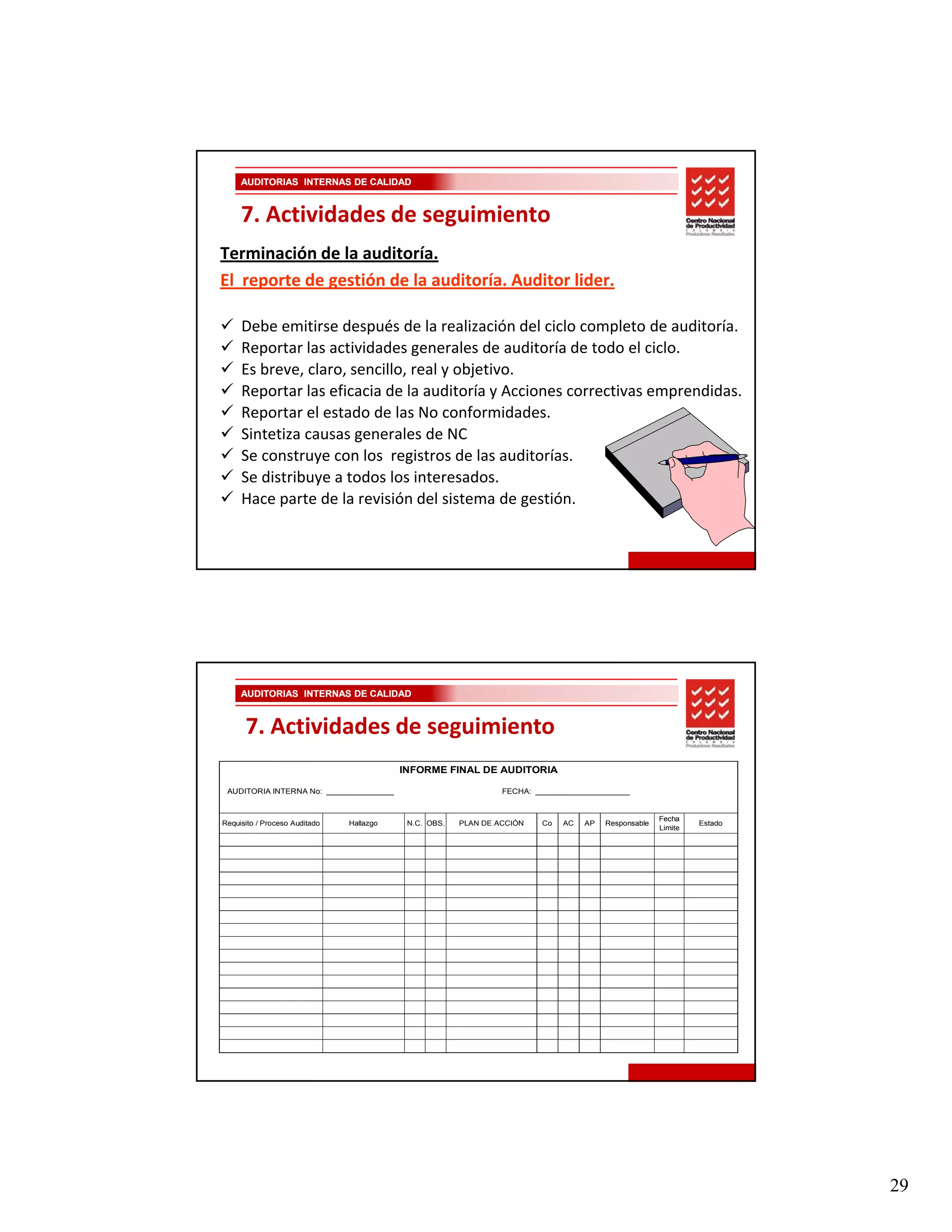 AUDITORIAS INTERNAS DE CALIDAD


     7. Actividades de seguimiento
Terminación de la auditoría. 
El  reporte de gestión de la auditoría. Auditor lider.

     Debe emitirse después de la realización del ciclo completo de auditoría. 
     Reportar las actividades generales de auditoría de todo el ciclo.
     Es breve, claro, sencillo, real y objetivo.
     Reportar las eficacia de la auditoría y Acciones correctivas emprendidas.
     Reportar el estado de las No conformidades. 
     Sintetiza causas generales de NC
     Si t ti                  l d NC
     Se construye con los  registros de las auditorías.
     Se distribuye a todos los interesados.
     Hace parte de la revisión del sistema de gestión.




     AUDITORIAS INTERNAS DE CALIDAD


      7. Actividades de seguimiento
                                          INFORME FINAL DE AUDITORIA

 AUDITORIA INTERNA No: _______________                          FECHA: _____________________


                                                                                                     Fecha
Requisito / Proceso Auditado   Hallazgo    N.C. OBS.   PLAN DE ACCIÓN   Co   AC   AP   Responsable            Estado
                                                                                                     Limite




                                                                                                                       29
 