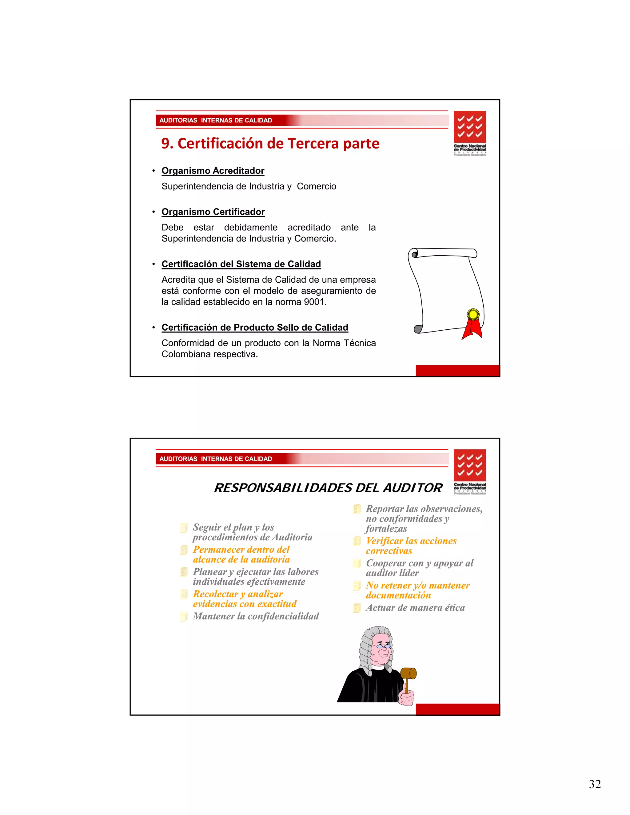 AUDITORIAS INTERNAS DE CALIDAD



  9. Certificación de Tercera parte
• Organismo Acreditador
  Superintendencia de Industria y Comercio

• Organismo Certificador
  Debe estar debidamente acreditado ante         la
  Superintendencia de Industria y Comercio.

• Certificación del Sistema de Calidad
  Acredita que el Sistema de Calidad de una empresa
            q                                 p
  está conforme con el modelo de aseguramiento de
  la calidad establecido en la norma 9001.

• Certificación de Producto Sello de Calidad
  Conformidad de un producto con la Norma Técnica
  Colombiana respectiva.




 AUDITORIAS INTERNAS DE CALIDAD




               RESPONSABILIDADES DEL AUDITOR
                                                Reportar las observaciones,
                                                no conformidades y
         Seguir el plan y los                   fortalezas
         procedimientos de Auditoria            Verificar las acciones
         Permanecer dentro del                  correctivas
         alcance de la auditoría                Cooperar con y apoyar al
         Planear y ejecutar las labores         auditor líder
         individuales efectivamente             No retener y/o mantener
         Recolectar y analizar                  documentación
         evidencias con exactitud               Actuar de manera ética
         Mantener la confidencialidad




                                                                              32
 
