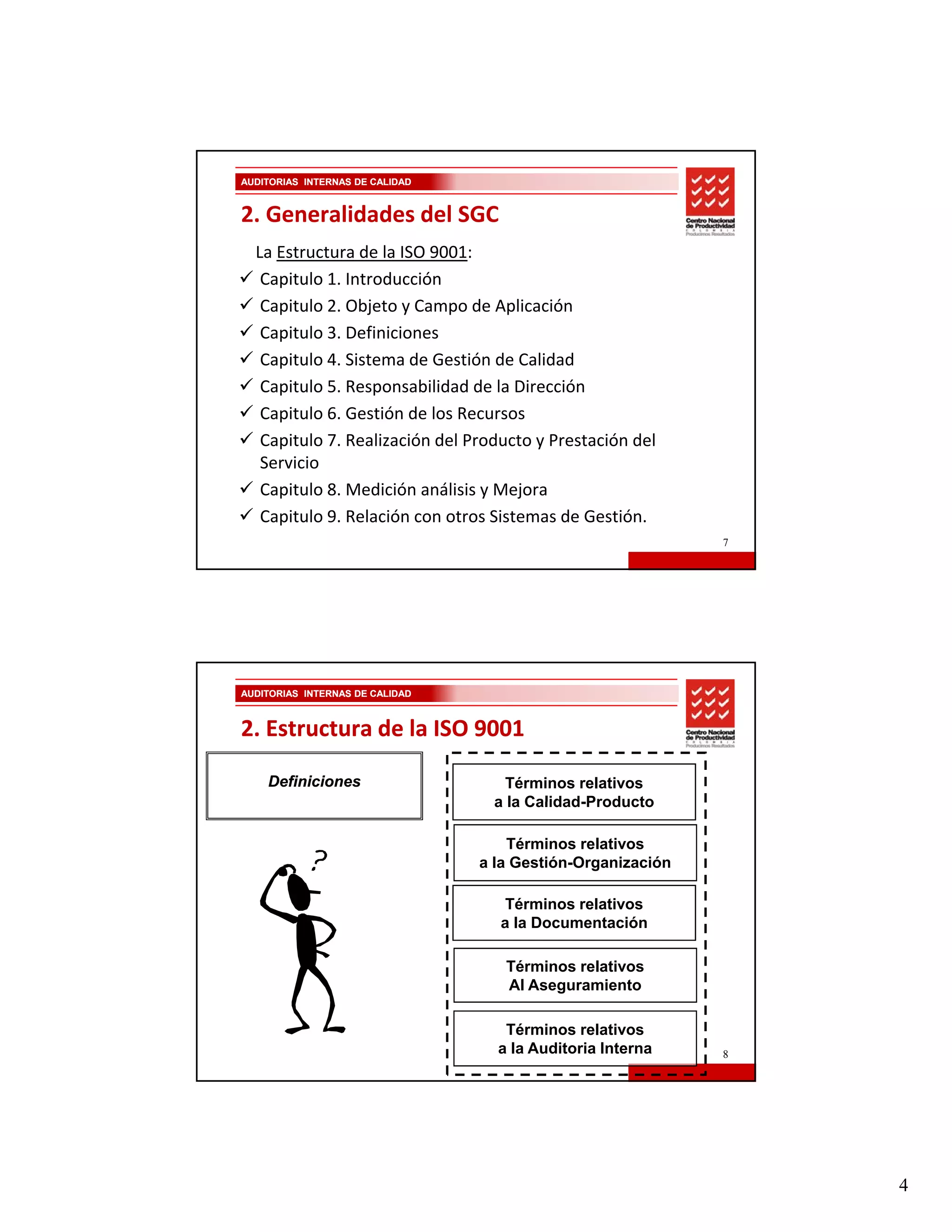 AUDITORIAS INTERNAS DE CALIDAD


2. Generalidades del SGC
  La Estructura de la ISO 9001:
   Capitulo 1. Introducción
   Capitulo 2. Objeto y Campo de Aplicación
   Capitulo 3. Definiciones
   Capitulo 4. Sistema de Gestión de Calidad
   Capitulo 5. Responsabilidad de la Dirección
   Capitulo 6. Gestión de los Recursos
   Capitulo 7. Realización del Producto y Prestación del 
   Servicio
   Capitulo 8. Medición análisis y Mejora
   Capitulo 9. Relación con otros Sistemas de Gestión.
                                                             7




AUDITORIAS INTERNAS DE CALIDAD



2. Estructura de la ISO 9001
2. Estructura de la ISO 9001

    Definiciones                    Términos relativos
                                  a la Calidad Producto
                                       Calidad-Producto

                                     Términos relativos
                                 a la Gestión-Organización

                                    Términos relativos
                                   a la Documentación

                                    Términos relativos
                                    Al Aseguramiento

                                    Términos relativos
                                   a la Auditoria Interna    8




                                                                 4
 