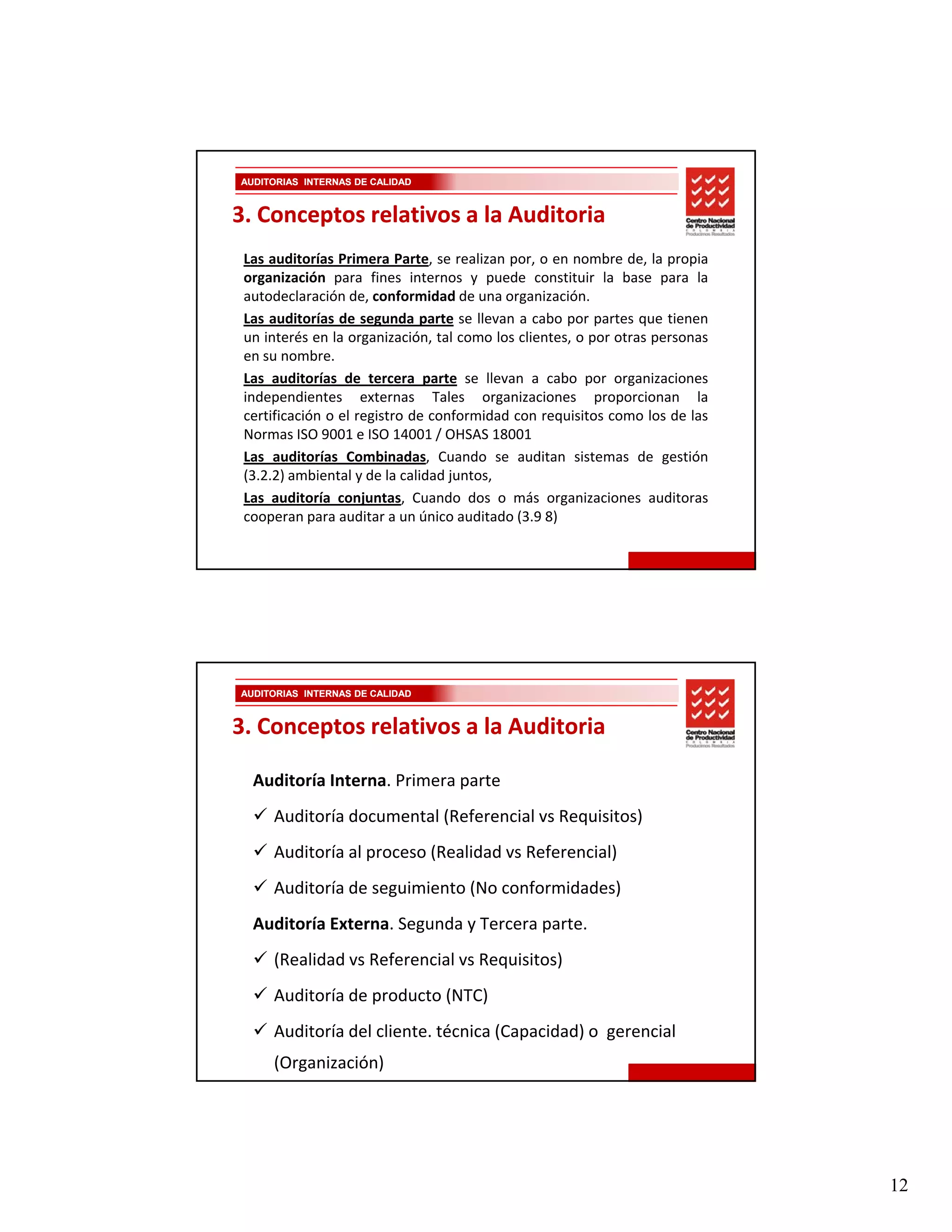 AUDITORIAS INTERNAS DE CALIDAD


3. Conceptos relativos a la Auditoria
 Las auditorías Primera Parte, se realizan por, o en nombre de, la propia
 organización para fines internos y puede constituir la base para la
 autodeclaración de, conformidad de una organización.
 Las auditorías de segunda parte se llevan a cabo por partes que tienen
 un interés en la organización, tal como los clientes, o por otras personas
 en su nombre.
 Las auditorías de tercera parte se llevan a cabo por organizaciones
 independientes externas Tales organizaciones proporcionan la
 certificación o el registro de conformidad con requisitos como los de las
 Normas ISO 9001 e ISO 14001 / OHSAS 18001
 N
 Las auditorías Combinadas, Cuando se auditan sistemas de gestión
 (3.2.2) ambiental y de la calidad juntos,
 Las auditoría conjuntas, Cuando dos o más organizaciones auditoras
 cooperan para auditar a un único auditado (3.9 8)




AUDITORIAS INTERNAS DE CALIDAD


3. Conceptos relativos a la Auditoria

  Auditoría Interna. Primera parte
     Auditoría documental (Referencial vs Requisitos)
     Auditoría al proceso (Realidad vs Referencial)
     Auditoría de seguimiento (No conformidades) 
  Auditoría Externa. Segunda y Tercera parte.
     (Realidad vs Referencial vs Requisitos)
     Auditoría de producto (NTC)
     Auditoría del cliente. técnica (Capacidad) o  gerencial 
     (Organización)




                                                                              12
 