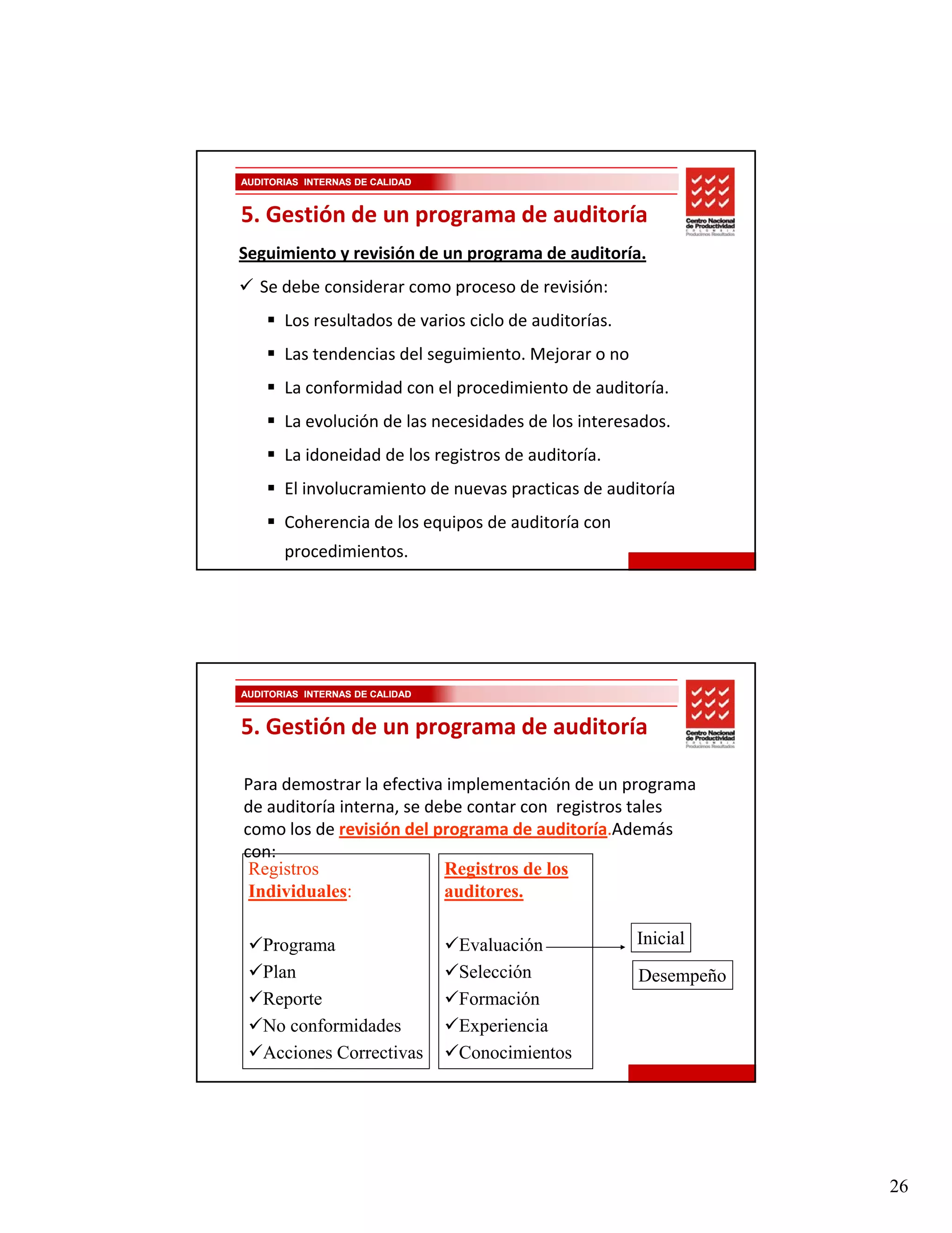AUDITORIAS INTERNAS DE CALIDAD


5. Gestión de un programa de auditoría
Seguimiento y revisión de un programa de auditoría.
   Se debe considerar como proceso de revisión:
   Se debe considerar como proceso de revisión:
       Los resultados de varios ciclo de auditorías.
       Las tendencias del seguimiento. Mejorar o no
       La conformidad con el procedimiento de auditoría.
       La evolución de las necesidades de los interesados.
       La idoneidad de los registros de auditoría.
       El involucramiento de nuevas practicas de auditoría
       Coherencia de los equipos de auditoría con 
       procedimientos.




AUDITORIAS INTERNAS DE CALIDAD


5. Gestión de un programa de auditoría

Para demostrar la efectiva implementación de un programa 
de auditoría interna, se debe contar con  registros tales 
d    dit í i t           d b     t           it t l
como los de revisión del programa de auditoría.Además 
con:
 Registros                 Registros de los
 Individuales:             auditores.

   Programa                      Evaluación            Inicial
   Plan                          Selección             Desempeño
   Reporte                       Formación
   No conformidades              Experiencia
   Acciones Correctivas          Conocimientos




                                                                   26
 