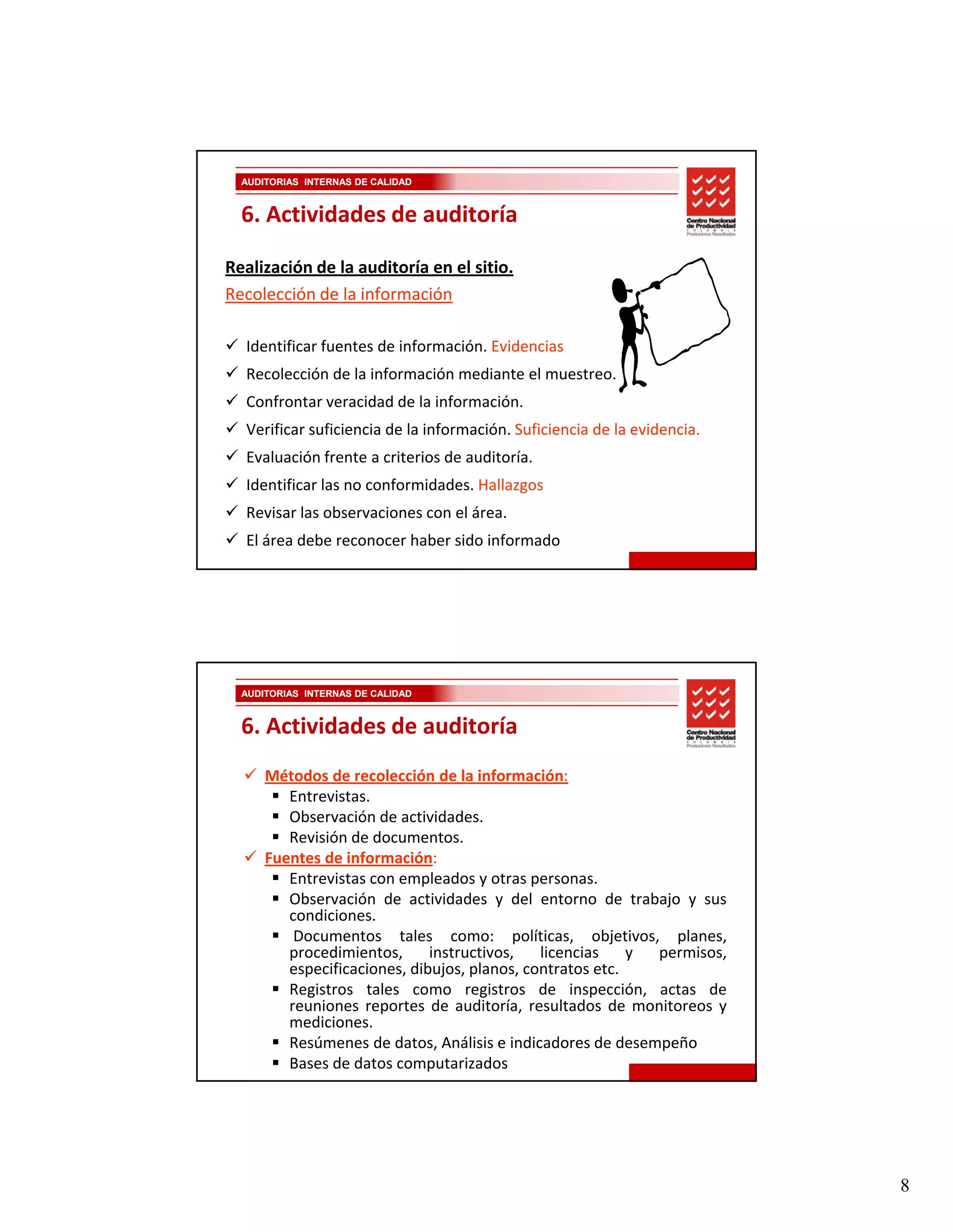 AUDITORIAS INTERNAS DE CALIDAD


  6. Actividades de auditoría

Realización de la auditoría en el sitio.
Recolección de la información
R l ió d l i f             ió

  Identificar fuentes de información. Evidencias
  Recolección de la información mediante el muestreo.
  Confrontar veracidad de la información.
  Verificar suficiencia de la información. Suficiencia de la evidencia.
  Verificar suficiencia de la información Suficiencia de la evidencia
  Evaluación frente a criterios de auditoría.
  Identificar las no conformidades. Hallazgos
  Revisar las observaciones con el área.
  El área debe reconocer haber sido informado




  AUDITORIAS INTERNAS DE CALIDAD


  6. Actividades de auditoría
      Métodos de recolección de la información:
         Entrevistas.
         Observación de actividades.
         Revisión de documentos.
      Fuentes de información:
         Entrevistas con empleados y otras personas.
         Observación de actividades y del entorno de trabajo y sus
         condiciones.
          Documentos tales como: políticas, objetivos, planes,
                                           p       ,    j    , p      ,
         procedimientos,      instructivos,   licencias    y  permisos,
         especificaciones, dibujos, planos, contratos etc.
         Registros tales como registros de inspección, actas de
         reuniones reportes de auditoría, resultados de monitoreos y
         mediciones.
         Resúmenes de datos, Análisis e indicadores de desempeño
         Bases de datos computarizados




                                                                          8
 