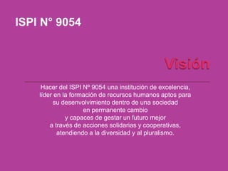 ISPI N° 9054




     Hacer del ISPI Nº 9054 una institución de excelencia,
    líder en la formación de recursos humanos aptos para
         su desenvolvimiento dentro de una sociedad
                    en permanente cambio
              y capaces de gestar un futuro mejor
        a través de acciones solidarias y cooperativas,
           atendiendo a la diversidad y al pluralismo.
 