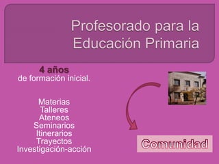 4 años
de formación inicial.

      Materias
       Talleres
      Ateneos
    Seminarios
     Itinerarios
     Trayectos
Investigación-acción
 