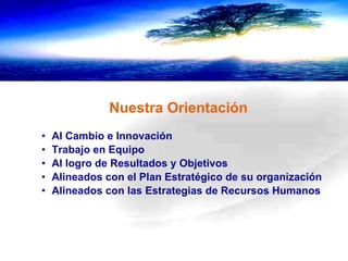 Nuestra Orientación Al Cambio e Innovación Trabajo en Equipo Al logro de Resultados y Objetivos Alineados con el Plan Estratégico de su organización Alineados con las Estrategias de Recursos Humanos  