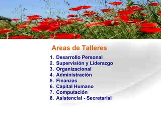 Areas de Talleres Desarrollo Personal Supervisión y Liderazgo Organizacional Administración Finanzas Capital Humano Computación Asistencial - Secretarial 