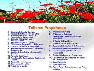 Talleres Preparados Atención Calidad y Servicio Manejo de la Imagen Corporativa Administración del Tiempo y Orientación a Resultados Oratoria - Manejo de Voz y Presentaciones  PNL Aplicada en el Trabajo Técnicas de Supervisión y Liderazgo  Enpowerment para Supervisores Habilidades Gerenciales y Desarrollo Supervisorio Manejo de Conflictos y Negociación Efectiva Toma de Decisiones  Planificación, Delegación y Control del Trabajo Redacción de Informes Gerencia del Cambio  El Arte de la Venta Análisis del Crédito  El Arte de la Cobranza Gerencia de Compras Almacén e Inventarios El Punto de Equilibrio Preparación del Flujo de Caja Gerencia Estratégica de la Tesorería Análisis de Estados Financieros Finanzas para Ejecutivos No Financieros Contabilidad para No Contadores La Entrevista de Selección  en base a las Competencias Excel Aplicado Word Aplicado Power Point - Presentaciones de Alto Impacto 