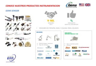 GEMS SENSOR
CONOCE NUESTROS PRODUCTOS INSTRUMENTACION
%
DESCUENTO
VENTA AL POR MAYOR*
• SENSORES DE PRESIÓN, NIVEL Y CAUDAL PARA LÍQUIDOS
9 MIL
SENSORES
2019
OEM GENERAL
OEM& REVENTA -
INDUSTRIAS AGRÍCOLAS Y OHV
§ Agua, nivel de aceite
§ Presión
§ Nivel de agua, reactivos
§ flujo de cerveza
 
