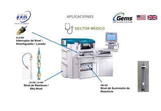 20
APLICACIONES
LS-350 LS-300
Nivel de Residuos /
Alto Nivel
ELS-900
Interruptor de Nivel -
Amortiguador / Lavado
XM-350
Nivel de Suministro de
Reactivos
SECTOR MÉDICO
 