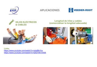 42
HILOS ELÉCTRICOS
& CABLES
Longitud de hilos y cables
(comercializar la longitud adecuada)
Links:
https://www.youtube.com/watch?v=rslqtlBcI1w
https://www.youtube.com/watch?v=QS27eK-5VAA
APLICACIONES
 