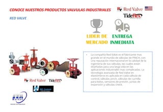 RED VALVE
CONOCE NUESTROS PRODUCTOS VALVULAS INDUSTRIALES
LIDER DE
MERCADO
ENTREGA
INMEDIATA
• La compañía Red Valve es el fabricante mas
grande en el mundo de válvulas de PINCH, con
una reputación internacional en la calidad de la
ingeniería de sus válvulas, las cuales están
diseñadas para una larga vida en las
aplicaciones industriales mas complicadas. La
tecnología avanzada de Red Valve en
elastómeros es aplicada en cada válvula de
control, válvulas pinch, válvulas de cuchilla
para lodos, sensores de presión, juntas de
expansión y válvulas check.
 
