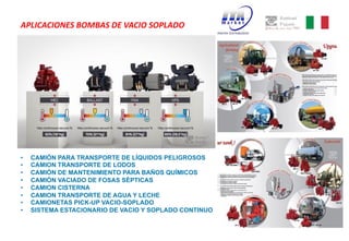 APLICACIONES BOMBAS DE VACIO SOPLADO
• CAMIÓN PARA TRANSPORTE DE LÍQUIDOS PELIGROSOS
• CAMION TRANSPORTE DE LODOS
• CAMIÓN DE MANTENIMIENTO PARA BAÑOS QUÍMICOS
• CAMIÓN VACIADO DE FOSAS SÉPTICAS
• CAMION CISTERNA
• CAMION TRANSPORTE DE AGUA Y LECHE
• CAMIONETAS PICK-UP VACIO-SOPLADO
• SISTEMA ESTACIONARIO DE VACIO Y SOPLADO CONTINUO
 