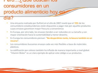 • Una encuesta realizada por DuPont en el año de 2007 reveló que el 72% de los
consumidores estadounidenses están dispuestos a pagar más por aquellos productos
cuyos envases garanticen mayor frescura y conveniencia
• En Europa, por otro lado, los envases tienden a ser reducidos en su tamaño y con
mayor orientación hacia la sustentabilidad y menor desecho.
• En Europa los consumidores piensan: “No desperdicies tanto, la basura también es un
recurso”.
• Los consumidores buscamos envases cada vez más flexibles a base de materiales
plásticos.
• La codificación por colores también ha influido de manera importante a nivel global.
“Vitamin Water” es un claro ejemplo de aplicar este código a sus productos.
Pero…¿Qué buscan los
consumidores en un
producto alimenticio hoy en
día?
 