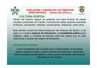 EVOLUCIÓN Y ORIGEN DE LOS TRIBUTOS
CULTURA EGIPCIA:
D t d l i i i i t l di i ió d l
EVOLUCIÓN Y ORIGEN DE LOS TRIBUTOS
EDAD ANTIGUA (Hasta año 476 d.c.)
Dentro del imperio egipcio se presenta una clara división de clases
sociales compuesta por Faraón, funcionarios reales (quienes cobraban
el tributo), sacerdotes, militares, comerciantes, artesanos, entre otros.
Esta división social era determinada por las órdenes del faraón, y dio
lugar a un amplio sistema de tributación y contabilidad pública parag p y p p
registrar, vigilar y controlar el recaudo entre las clases que no eran
autónomas y podían ser objeto de tributación.
CIVILIZACIÓN GRIEGA:
Como fundadores del concepto de la ciudad-estado la sociedadComo fundadores del concepto de la ciudad estado, la sociedad
griega organiza el tesoro público desde la aristocracia y desarrolla
clases sociales contribuyentes y otras que se mantenían del producto
tributado por los demástributado por los demás.
 