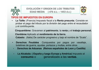 EVOLUCIÓN Y ORIGEN DE LOS TRIBUTOS
EDAD MEDIA ( 476 d 1453 d )
TIPOS DE IMPUESTOS EN EUROPA
EDAD MEDIA ( 476 d.c. – 1453 d.c.)
• La Taille: (Francia) Impuesto fiscal a la Renta presunta. Consiste en
probar el pago del tributo por la división del pago entre el recaudador
y el contribuyente.y e co t buye te
Cientiéme:Aplicado al rendimiento de la tierra.
Cinquantiéme: Gravamen al patrimonio, la renta y el trabajo personal.
Cientiéme:Aplicado al rendimiento de la tierra.
Catasto: (Italia) De carácter progresivo y bajo el nombre de “Scala”.
• Derechos Feudales: Compuestos por pagos por vasallaje
• Derechos de Aduanas: (Reinos españoles de Leon y Castilla)
Derechos Feudales: Compuestos por pagos por vasallaje,
boletines de guerra, ayudas, portazos y multas, entre otros.
• La Alcabala: ( España y luego Europa y América) Impuesto al
consumo o generalizado a las ventas.
 