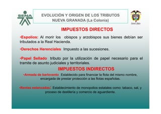EVOLUCIÓN Y ORIGEN DE LOS TRIBUTOS
IMPUESTOS DIRECTOS
NUEVA GRANADA (La Colonia)
•Espolios: Al morir los obispos y arzobispos sus bienes debían ser
tributados a la Real Hacienda.
•Derechos Herenciales: Impuesto a las sucesiones.
P l S ll d t ib t l tili ió d l i l•Papel Sellado: tributo por la utilización de papel necesario para el
tramite de asunto judiciales y territoriales.
IMPUESTOS INDIRECTOS
•Armada de barlovento: Establecido para financiar la flota del mismo nombre,
encargada de prestar protección a las flotas españolas.
IMPUESTOS INDIRECTOS
•Rentas estancadas: Establecimiento de monopolios estatales como: tabaco, sal, y
proceso de destilería y comercio de aguardiente.
 