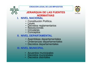 CREACION LEGAL DE LOS IMPUESTOS
I NIVEL NACIONAL
JERARQUIA DE LAS FUENTES
NORMATIVAS
I. NIVEL NACIONAL
• Constitución Política.
• Leyes
Decretos reglamentarios• Decretos reglamentarios
• Resoluciones
• Circulares
• ConceptosConceptos
II. NIVEL DEPARTAMENTAL
• Asambleas departamentales
III NIVEL MUNICIPAL
Asambleas departamentales
• Ordenanzas departamentales
• Decretos departamentales
• Acuerdos municipales
Decretos municipales
III. NIVEL MUNICIPAL
• Decretos municipales
• Decretos distritales
 
