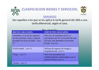 CLASIFICACION BIENES Y SERVICIOS.
GRAVADOS
S ll l l li l if l d l 16%Son aquellos a los que se les aplica la tarifa general del 16% o una 
tarifa diferencial, según el caso.
Por  ejemplo: 
BIENES GRAVADOS. SERVICIOS GRAVADOS.
A i l i d l i S i i d t l f í ó il l•Animales vivos de las especies
bovina, porcina, ovina o caprina.
(excepto los toros de lidia). Tarifa
2%
•Servicio de telefonía móvil: el
incremento del 4% en la tarifa de este
servicio será destinado a Inversión
Social T if 20%2% Social. Tarifa 20%
•Café tostado. Tarifa 7% •Pólizas de seguros de cirugía y
hospitalización T if 7%hospitalización. Tarifa7%
•Trigo. Tarifa 7% •Servicios prestados por
establecimientos relacionados con el
j i i fi iejercicio fisico.Tarifa 7%
•Avena. Tarifa 7%
 