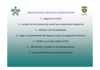 OBLIGACIONES REGIMEN SIMPLIFICADO
1. Registro en el RUT1. Registro en el RUT
2. Cumplir con los sistemas de control que implemente el gobierno.
3. Informar cese de actividades.
4 E i i l d d l é i ú l di ió d f t4. Exigir a los proveedores del régimen común, la expedición de factura.
5. Exhibir en un lugar público el RUT.
6. Informar NIT y nombre en la correspondencia.
7. Llevar el libro fiscal de operaciones diarias.
 